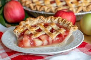 A slice of apple pie on a plate with apples photo