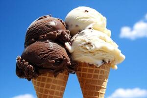Two scoops of ice cream in a waffle cone photo