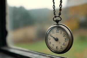 A clock hanging from a chain on a window sill photo