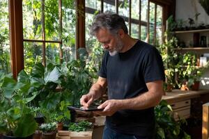 A man is standing in front of a window with a plant on his lap photo