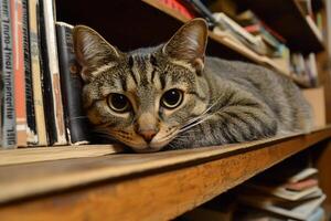 A cat laying on a shelf in a library photo