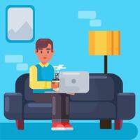 Man working with his PC , work with comfort in sofa, working with laptop and coffee vector