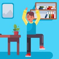 Man working do stretching after work, working desk with working man and computer vector