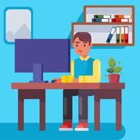 Man working with his PC , working desk with working man and computer vector