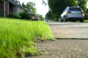 A car drives down a street with grass growing on the side photo