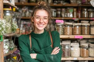 A woman in glasses standing in front of shelves of jars photo