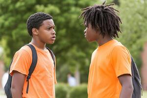 Two young men in orange shirts talking to each other photo