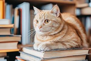 An orange cat sitting on top of a stack of books photo