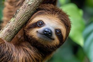 A sloth is smiling and hanging from a tree photo