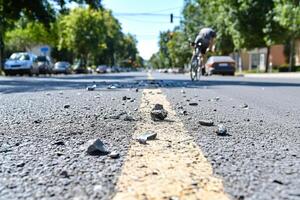 A cyclist is riding down the middle of a street with rocks scattered on the road photo