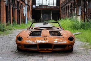 An old rusty car is parked in an abandoned building photo