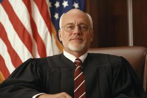 A man in a judge's robe sitting in front of an american flag photo