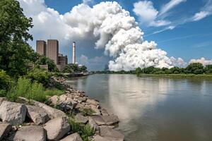 Smoke billows from a factory in the background photo