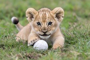 A lion cub playing with a ball in the grass photo