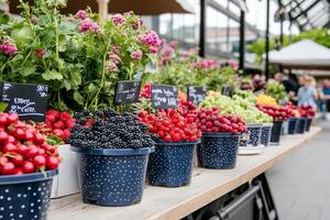 A table with many different types of berries and flowers photo