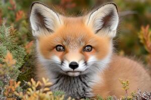 A fox is sitting in the grass and looking at the camera photo