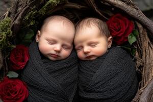 Two newborn twins sleeping in a basket with red roses photo
