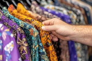 A man is holding a shirt on a rack photo