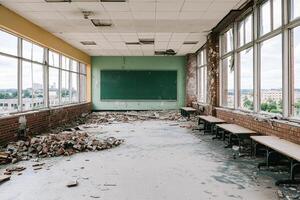 An empty classroom with a chalk board and benches photo
