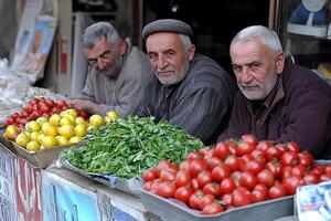 Three men sitting at a table with tomatoes and other vegetables photo
