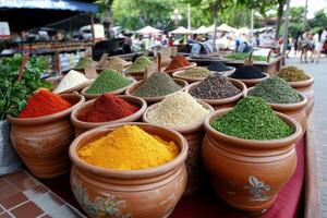 Many pots of different spices are on display photo