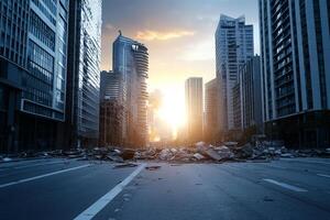 A city street with rubble and debris in the middle photo