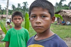 Two boys stand in front of a hut in the jungle photo