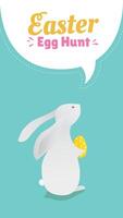 Easter Egg hunt banner design with cute little bunny illustration and speech bubble with text. Flyer template for Easter event vector