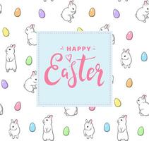 Cute greeting card for Easter holiday with hand drawn lettering and pattern with white little rabbits and colorful eggs on white background vector