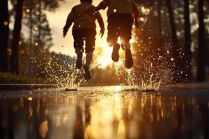 Two people are jumping in the rain with water splashing photo