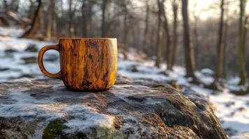 Wooden mug on snowy rock in winter forest photo