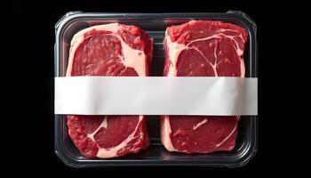 Top view of two pieces of raw, marbled beef packed in a clear plastic tray. photo