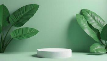 A 3D rendered product display scene set against a muted sage green background. photo