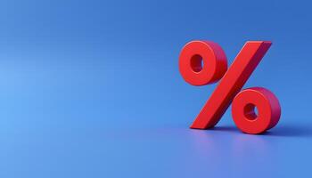 3D photorealistic rendering of a big, bold red percentage sign standing tall on a blue surface photo