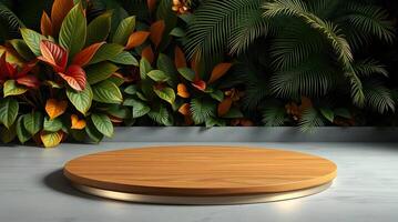 Minimalist Wood Stand with a Lush and Textured Tropical Foliage photo
