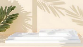 Minimalist product display with geometric podium, palm leaf shadows and a warm light background. photo