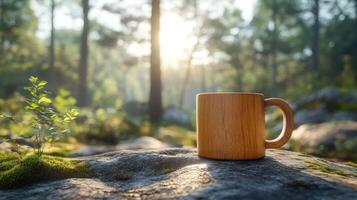 Wooden mug rests on mossy rock in sunlit forest photo