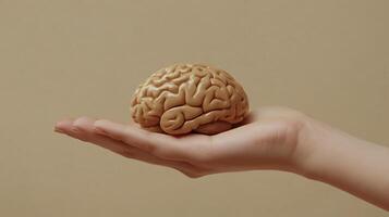A hand holds a model of a brain against a beige background photo