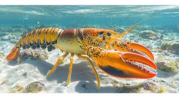 Vibrant lobster on ocean floor, showcasing detailed claws and shell patterns photo