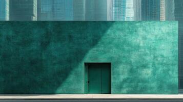 Teal textured wall with a door in urban setting photo