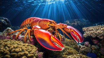 Vibrant red lobster on ocean floor, sunbeams photo