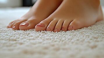 Close-up of manicured feet on a soft rug. Healthy, well-groomed toes and nails photo