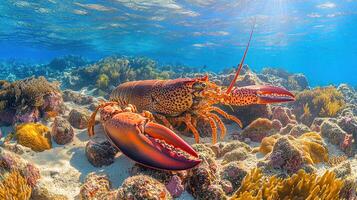 Two large lobsters on ocean floor near coral reef photo