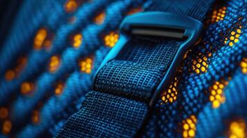 Close-up of a backpack strap buckle. Detailing the textured, breathable fabric and the functional fastening component photo