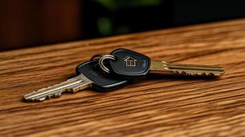Two keys, one with house icon, rest on wood photo