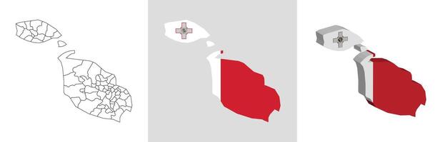 Malta outline, fill with flag and 3d map vector