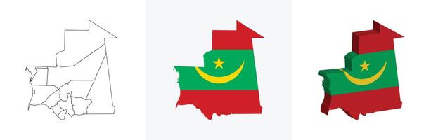 Mauritania outline, fill with flag and 3d map vector