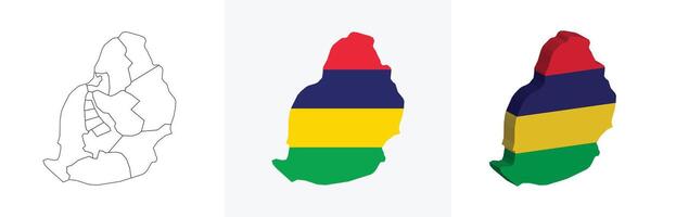 Mauritius outline, fill with flag and 3d map vector