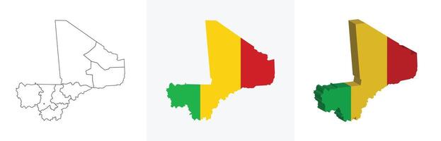 Mali outline, fill with flag and 3d map vector