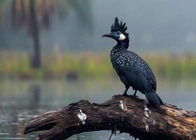 A beautiful view of a Black Cormorant Perched bird standing on a tree branch photo